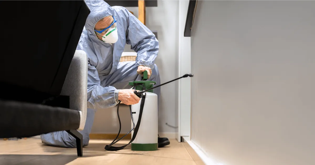 Pest control technician in protective clothing carrying out treatment work