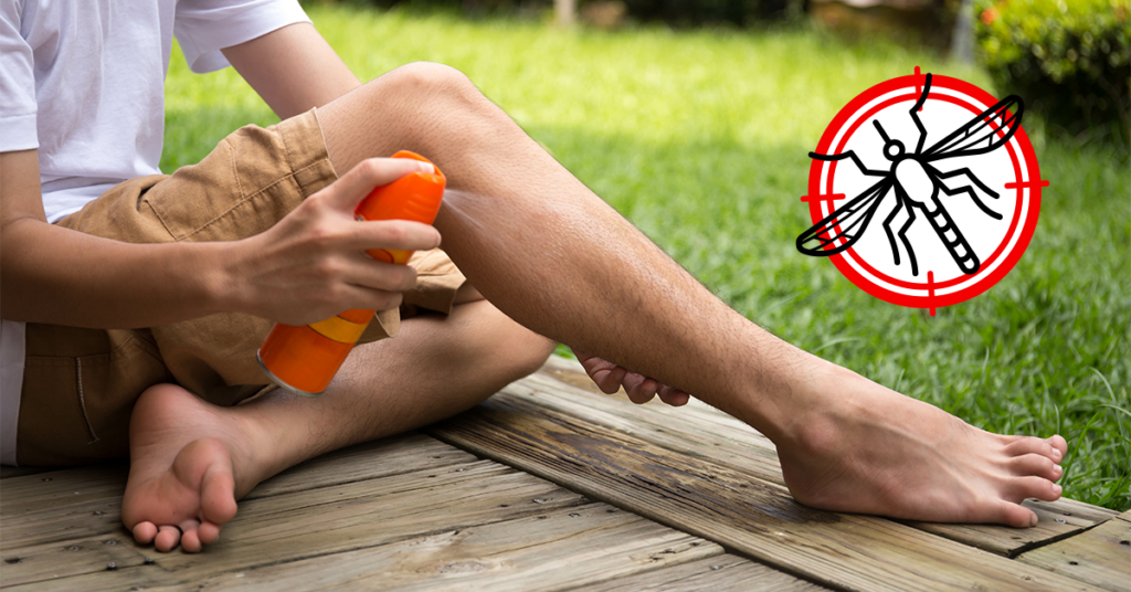 a young male sat in the garden spraying insect repellent onto his legs. Next to him is an illustration of a mosquito with a target over it.