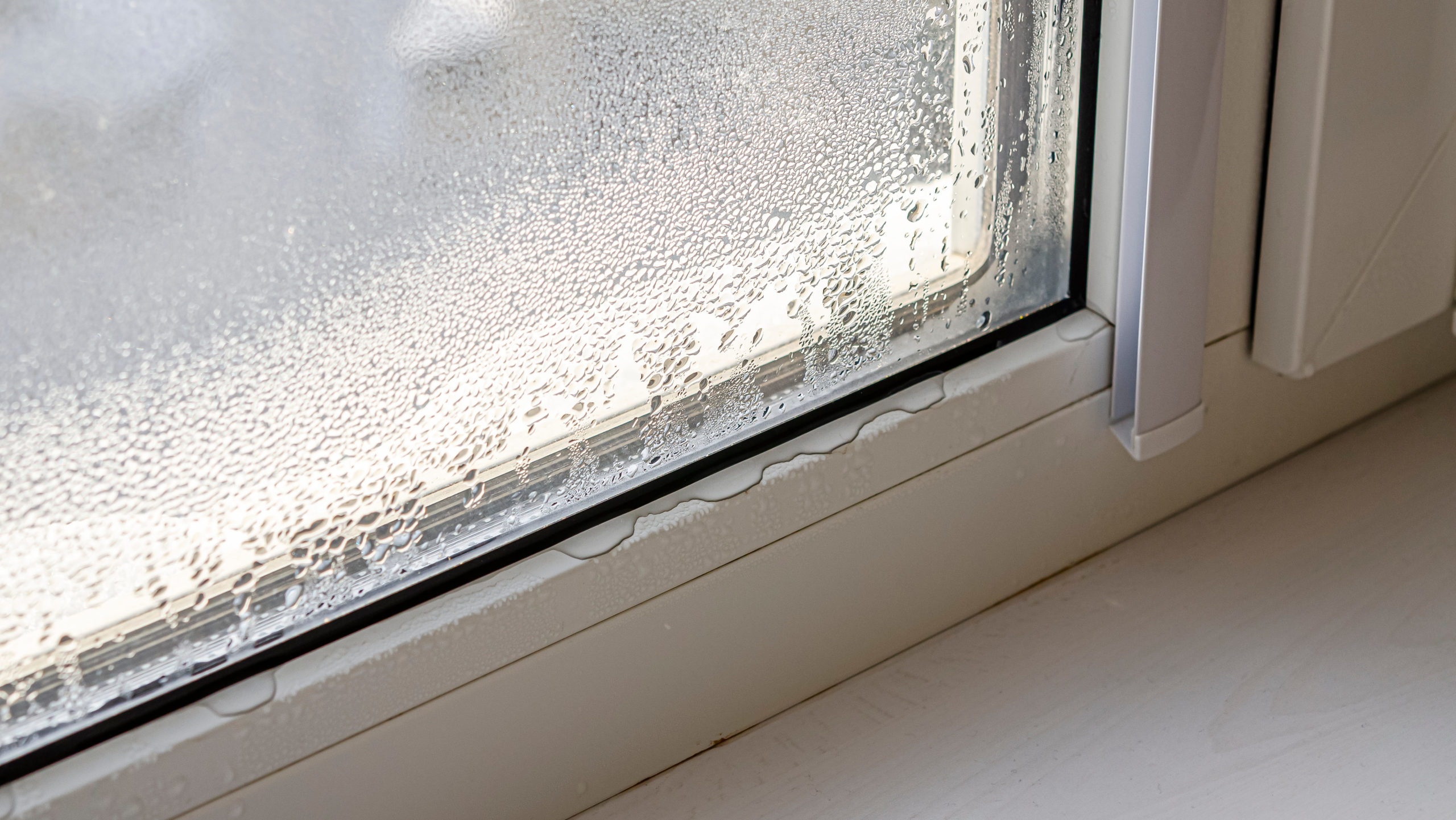 a double-glazed window with condensation forming all over it, which is causing a leak onto a white kitchen surface